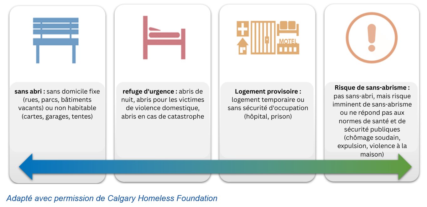 Un tableau définit quatre niveaux de sans-abrisme : Non-abri, Abri d'urgence, Hébergement provisoire et Risque de sans-abrisme, avec des descriptions pour chaque catégorie.
